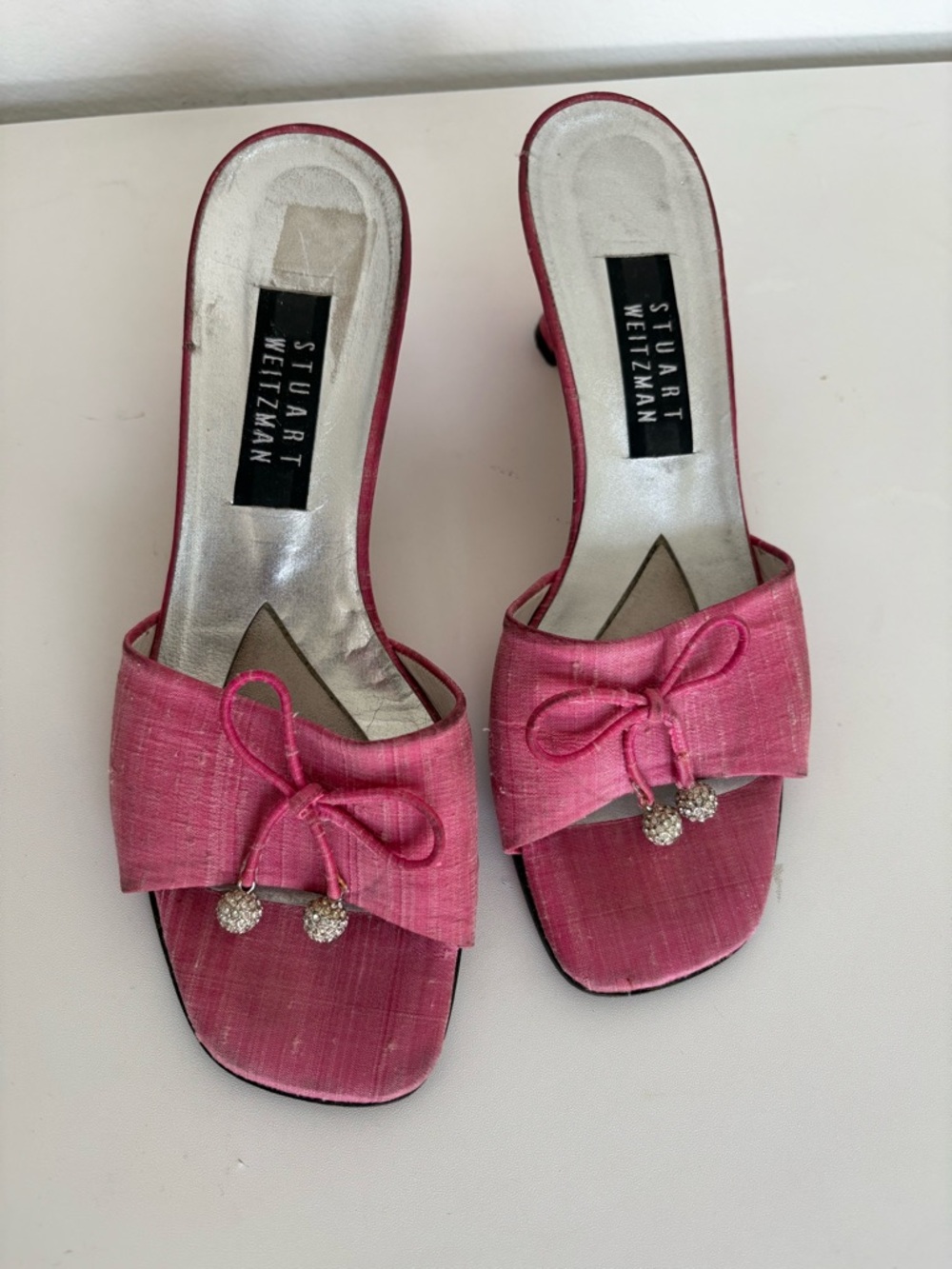 Stuart Weitzman Pink Bow Slide Mules with Crystal Tassels